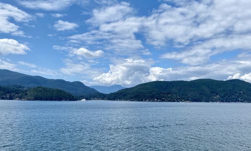 Scenic view of sea by mountains against sky