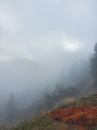 Scenic view of landscape against sky during foggy weather