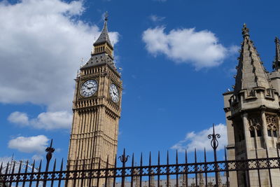 Low angle view of clock tower amidst buildings in city