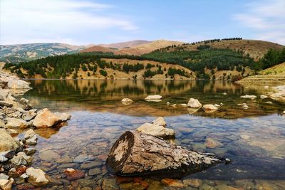 Scenic view of lake and mountains against sky