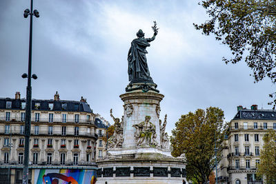 Low angle view of statue against building