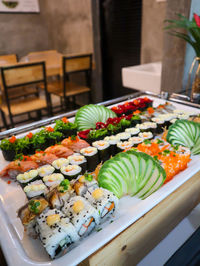 Close-up of sushi served on table