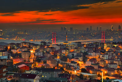 High angle view of illuminated buildings against sky at sunset