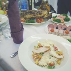 Close-up of food served in plate on table