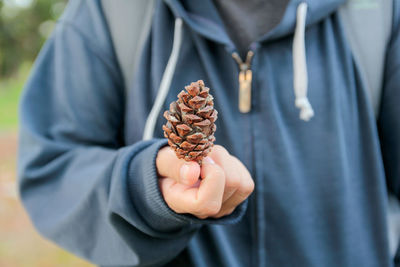 Close-up of man holding pine cone