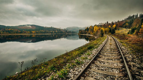 Scenic view of railroad tracks by lake against sky