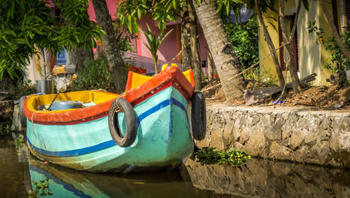 Boats moored on wall by plants