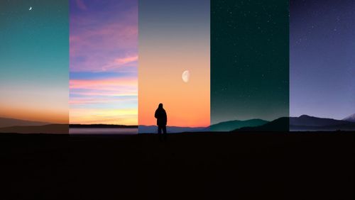 Silhouette person standing on land against sky during sunset