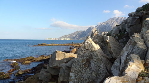 Scenic view of sea and rocks against sky