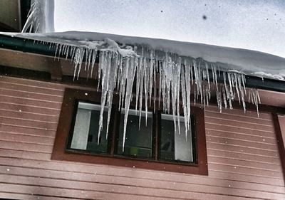 Low angle view of icicles on window
