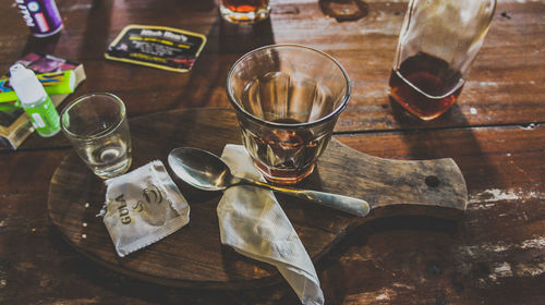 High angle view of wine glasses on table