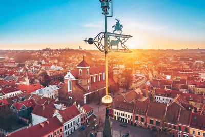 High angle view of townscape against sky during sunset