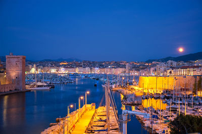 Marseille old port and fort saint-jean in night. marseille, france