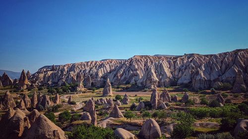 Panoramic view of rocky mountains against clear blue sky - cappadocia - goreme - turkey 