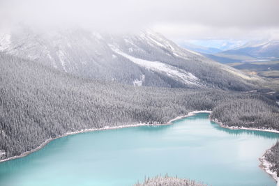 Scenic view of lake and snowcapped mountains against sky