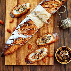 High angle view of bread on cutting board