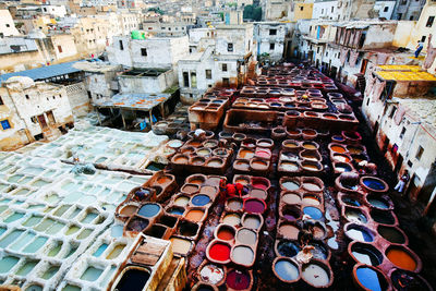 High angle view of tanneries in city