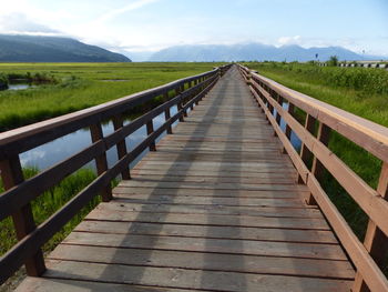 Boardwalk on landscape against sky