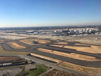 High angle view of city against clear sky