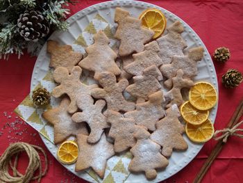 High angle view of cookies in plate on table