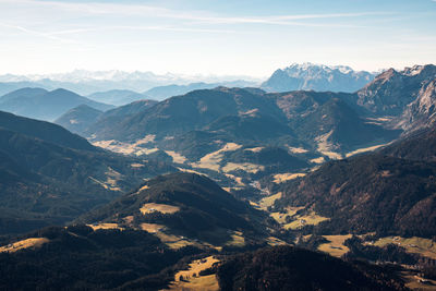 Panoramic view at layers of hills and mountains in the austrian alps near filzmoos, austria.