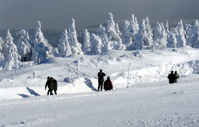 People skiing on snowcapped field during winter