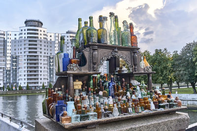 Vintage colorful various bottles and vials as souvenirs for tourists