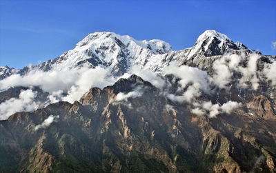 Low angle view of snowcapped mountains against clear sky