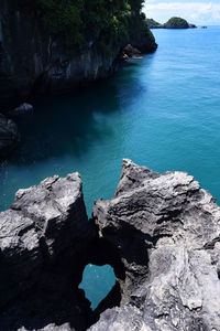 High angle view of rock formations in sea