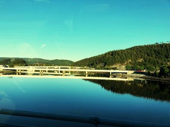 Scenic view of lake against clear blue sky