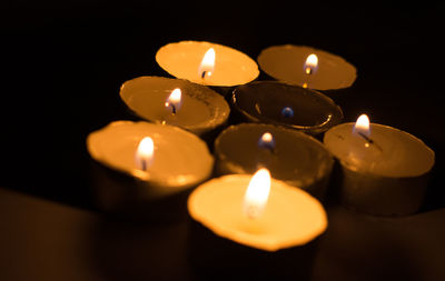 Close-up of lit candles on table