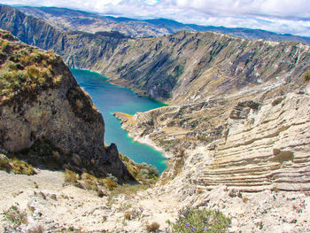 High angle view of lake amidst mountains