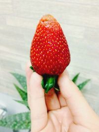 Close-up of cropped hand holding strawberry