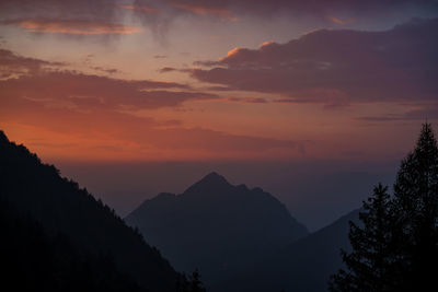 Scenic view of silhouette mountains against sky during sunset