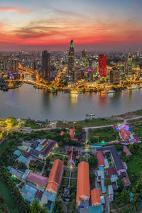 High angle view of city buildings during sunset