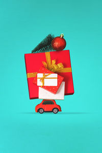Directly above shot of christmas decoration on blue background