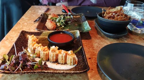 High angle view of food on table in restaurant