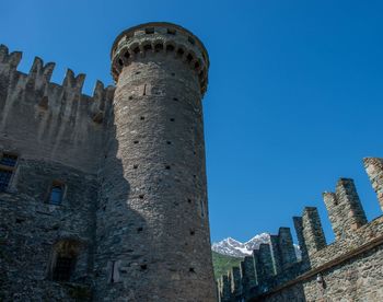 Low angle view of old building against blue sky