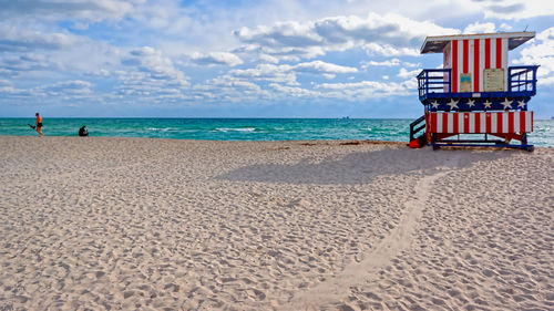 Lifeguard hut on beach against sky