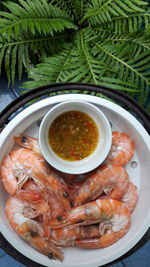 High angle view of seafood in bowl on table