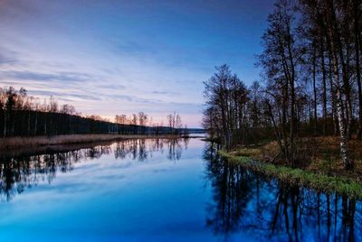 Reflection of trees in lake against blue sky