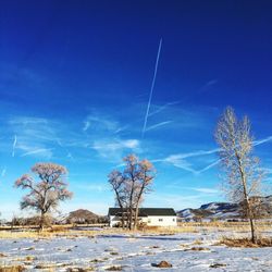 Snow covered landscape against blue sky