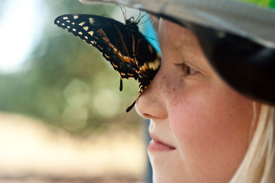 Close-up of butterfly on woman nose