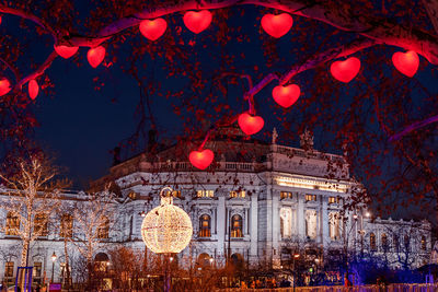 Illuminated christmas tree in city at night