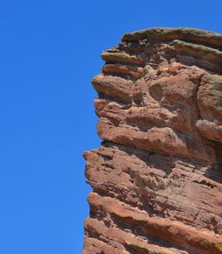 Low angle view of rock formation against clear blue sky