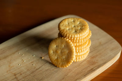 Close-up of cookies on cutting board