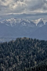 Scenic view of snow covered mountains against sky