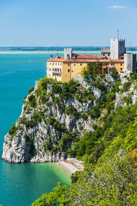 Scenic view of sea by buildings against sky