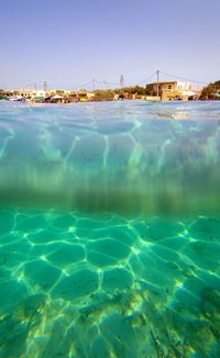 Scenic view of sea against clear blue sky