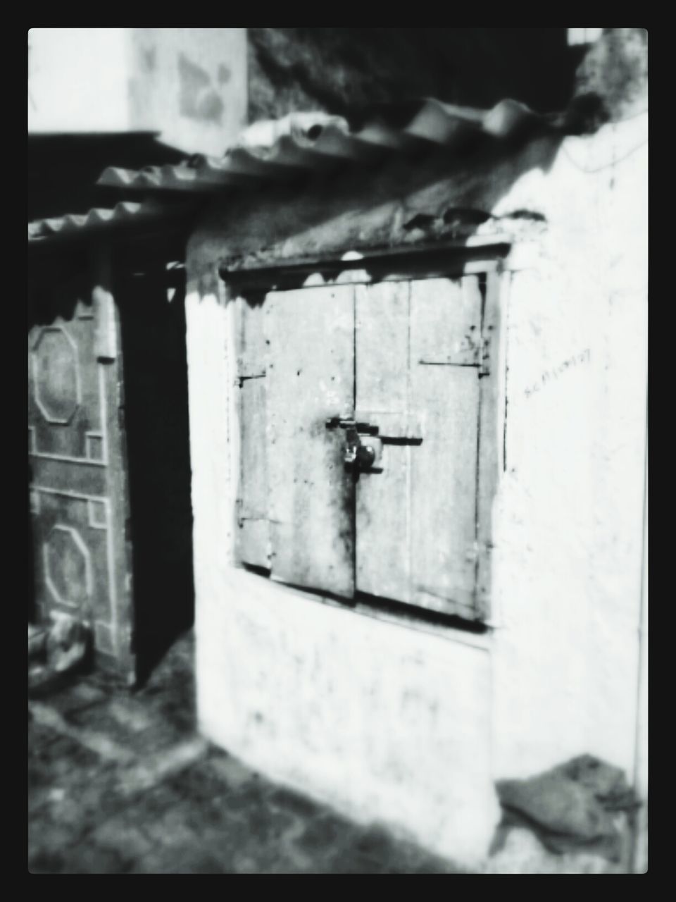 transfer print, built structure, architecture, building exterior, auto post production filter, door, house, old, closed, window, selective focus, abandoned, day, wood - material, wall - building feature, entrance, weathered, no people, damaged, outdoors